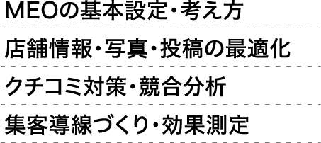 MEOの基本設定・考え方 店舗情報・写真・投稿の最適化 クチコミ対策・競合分析 集客導線づくり・効果測定