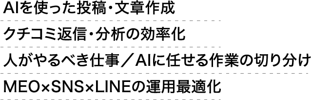 AIを使った投稿・文章作成クチコミ返信・分析の効率化人がやるべき仕事／AIに任せる作業の切り分けMEO×SNS×LINEの運用最適化